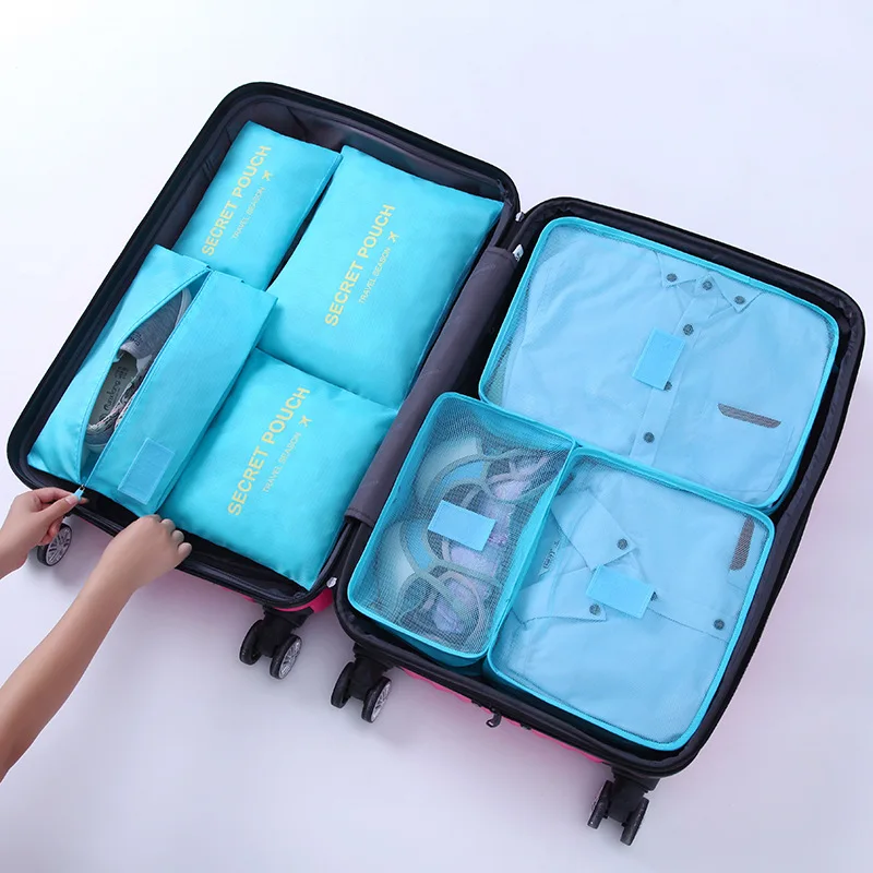 Hot Fashion Travel Waterproof Clothes Storage bags Luggage Pouch Packing Cube Solid Portable Organizer 7 pcs/set - Цвет: light blue