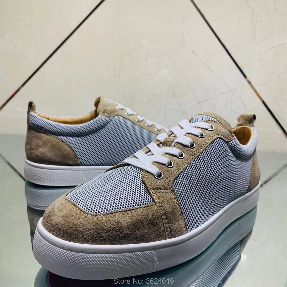 

Low Cut cl andgz Camel with white net Leather Rivet Lace Up Red bottoms Shoes Sneakers Leather For men's Loafers Flat Footwear