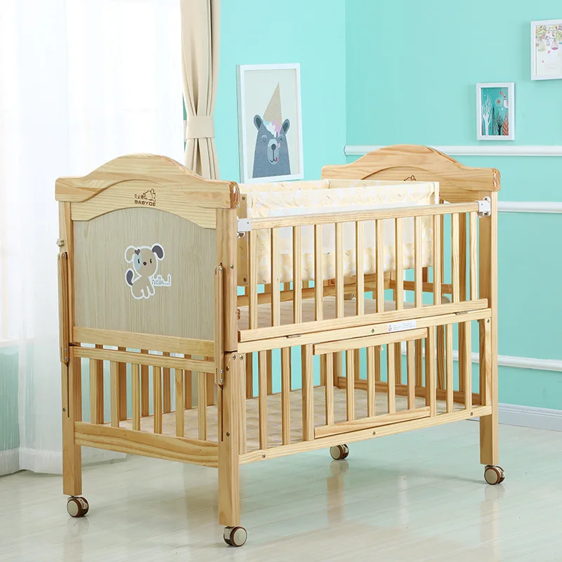 

Luxury European-style Pine Log 2 in1 Baby Cribs with Mosquito Net and Solid Wood Storage Rest Baby Bed Cradle for Toddler Kids