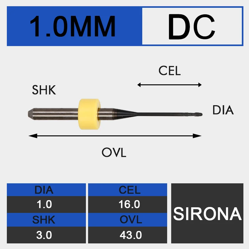 UCHEER 0,5/1,0/2,5 Sirona стоматологические фрезерные Бур с изумрудным покрытием для MCXL 5 Вольфрам твердосплавные фрезы для кройки циркония из оргстекла ПММА и воск - Cutting Edge Length: d1.0-D3-43-DC