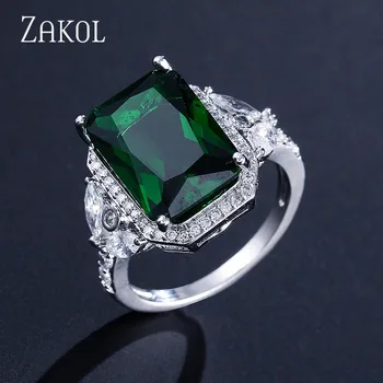 

ZAKOL New Arrival Fashion Big Square Green Cubic Zircon Stone White Color Finger Ring for Women Men Wedding Jewelry FSRP2027