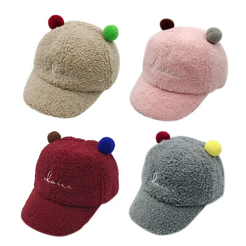 Осенняя хлопковая Милая шапка для маленьких мальчиков, теплая однотонная шапка с помпонами для девочек, мягкие шапки с мехом, s