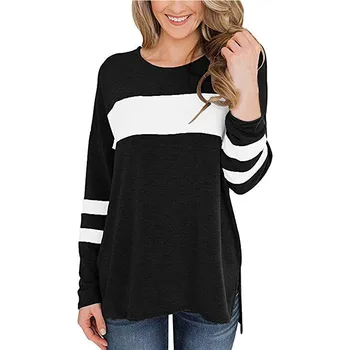 

Women's Side Split Blouse New Sexy Color Block Long Sleeve O Neck Tunic Pullover Summer Spring Fashion Casual Loose Tops