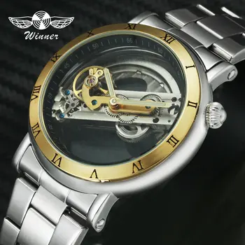 

WINNER Official Automatic Mechanical Golden Bridge Watch Men Roman Numeral Stainless Steel Strap Mens Watches Top Brand Luxury