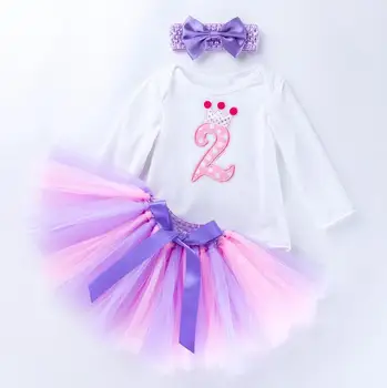 

3PCs per Set Long Sleeves Hot Pink Purple Pink Baby Girl 1st 2nd Birthday Dress Crown Party Outfit Romper Bubble Skirt Headband