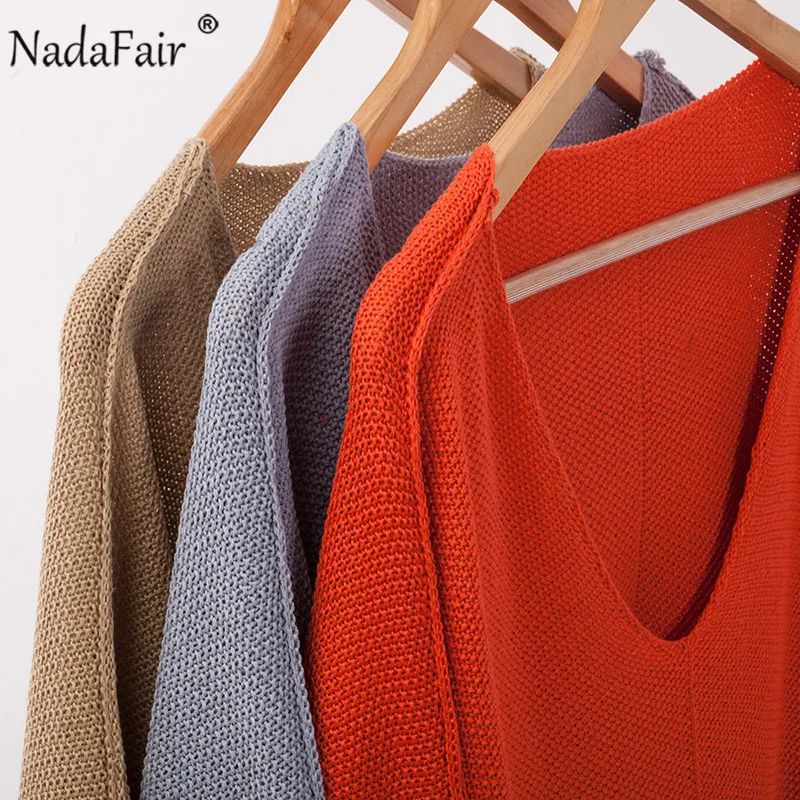 Nadafair Повседневный Свободный Длинный свитер для женщин с v-образным вырезом и разрезом, однотонный джемпер, неровный Зимний вязаный пуловер цвета хаки
