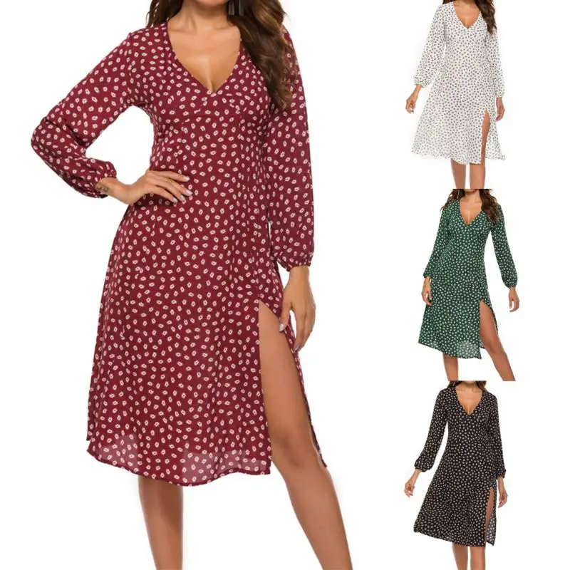 

Women Dresss Sexy Deep V-Neck Puff Sleeves High Split High Waist Slim Evening Party Sundress Bohemian Floral Printed