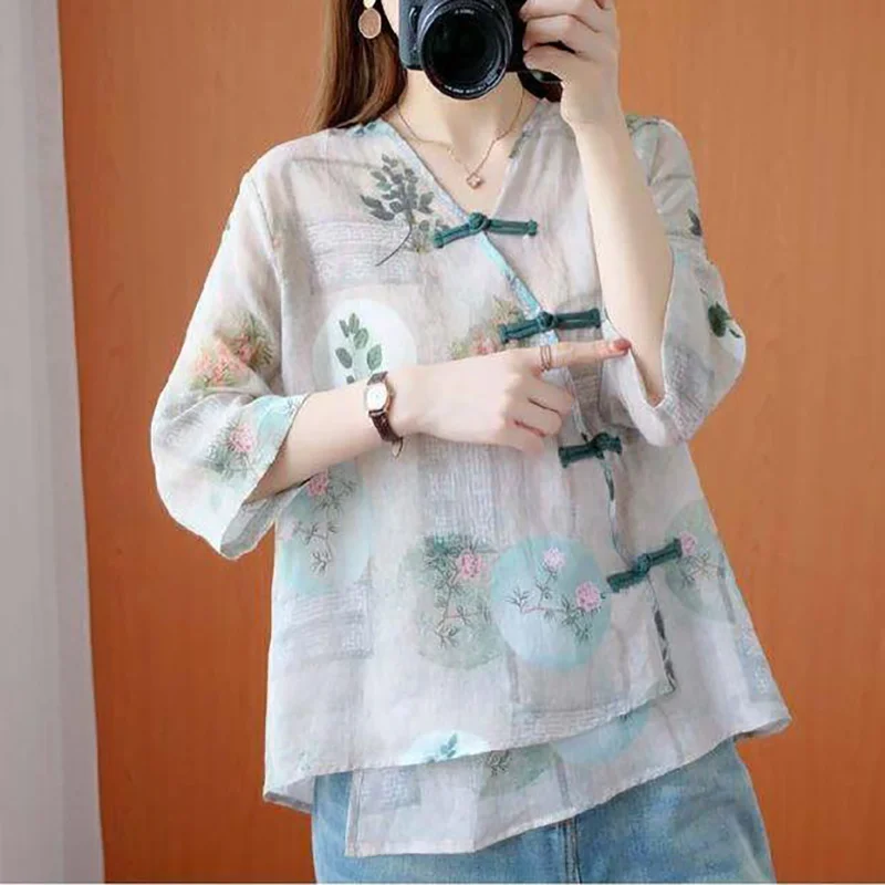 New Summer Traditional Chinese Top Chinese Flower Print Hanfu Clothes Oriental Clothing Traditional Blouse For Women