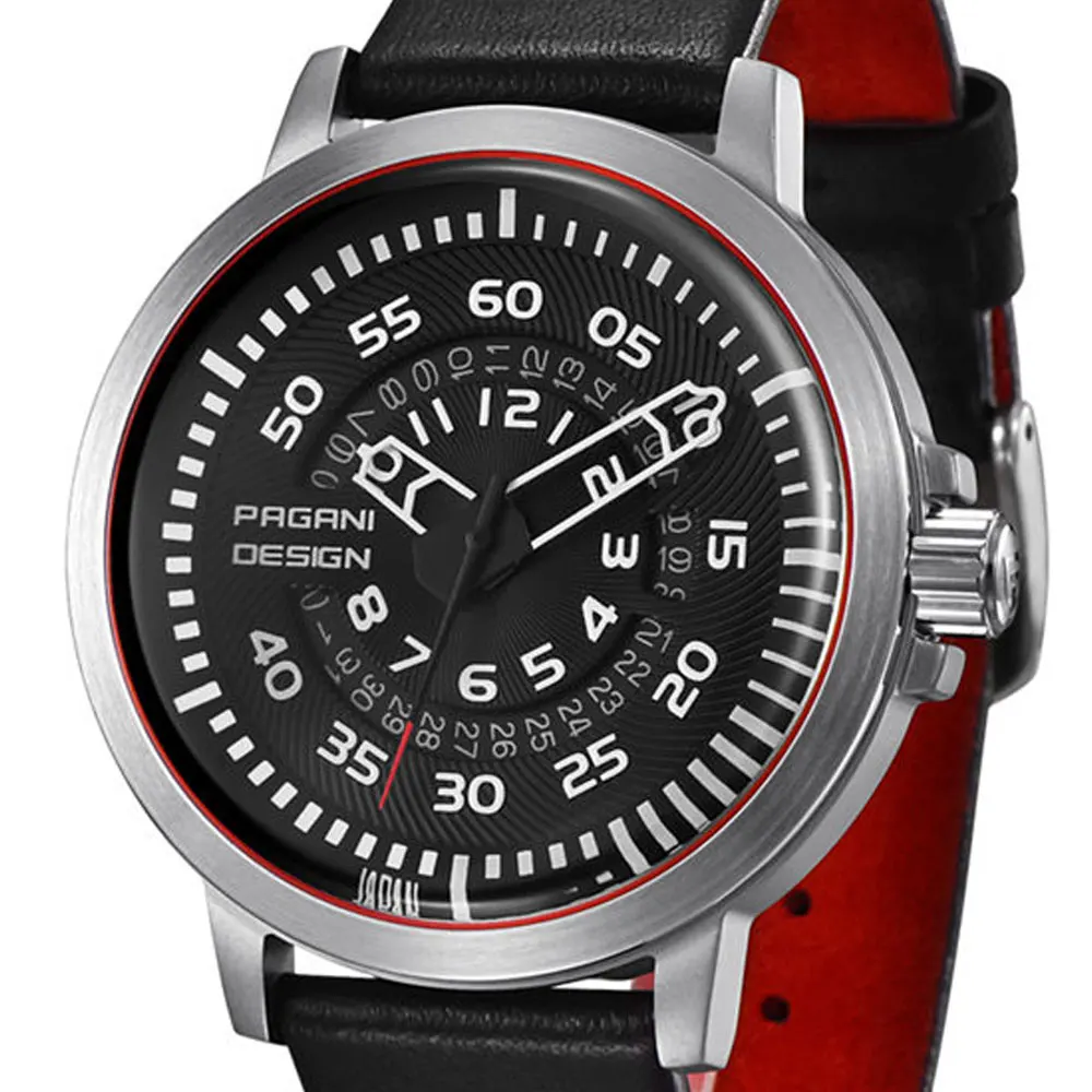 

48 mm Pagani design hollow calendar men watches Black dial date quartz men's Watch red Leather strap luxury Fashion watches