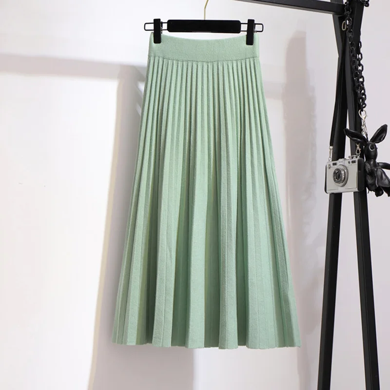 Осенне зимние шерстяные вязаные плиссированные длинные юбки до середины икры с