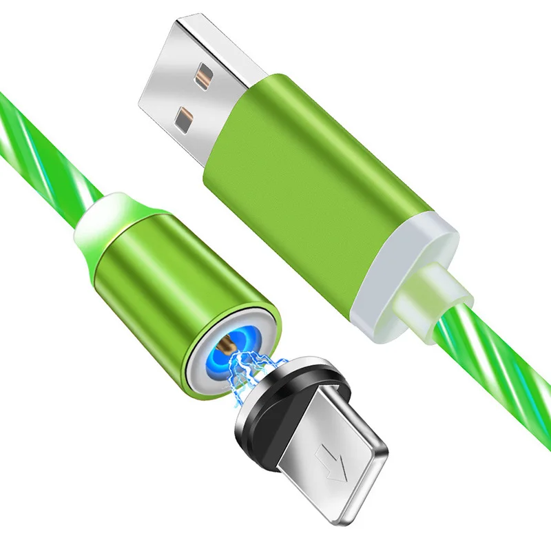 Для iPhone XS MAX 8 samsung Xiaomi зарядный провод шнур светодиодный светящийся течёт магнитное зарядное устройство usb кабель type C Micro usb кабель для зарядки - Цвет: For IOS Green