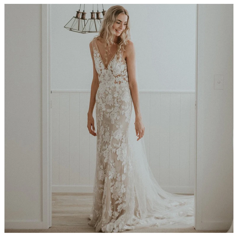 Кружева Русалка Свадебные платья v-образным вырезом Vestido De Noiva без рукавов robe De Mariee свадебное платье