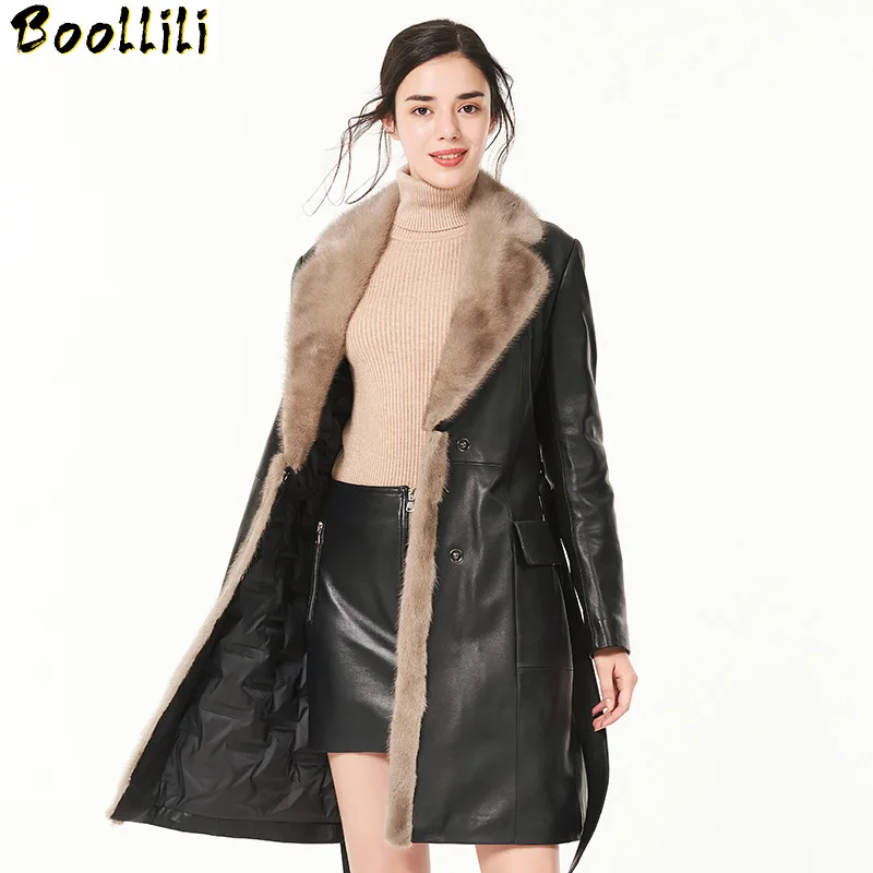 Куртка Boollili из натуральной кожи зимнее женское пальто с меховым воротником норки