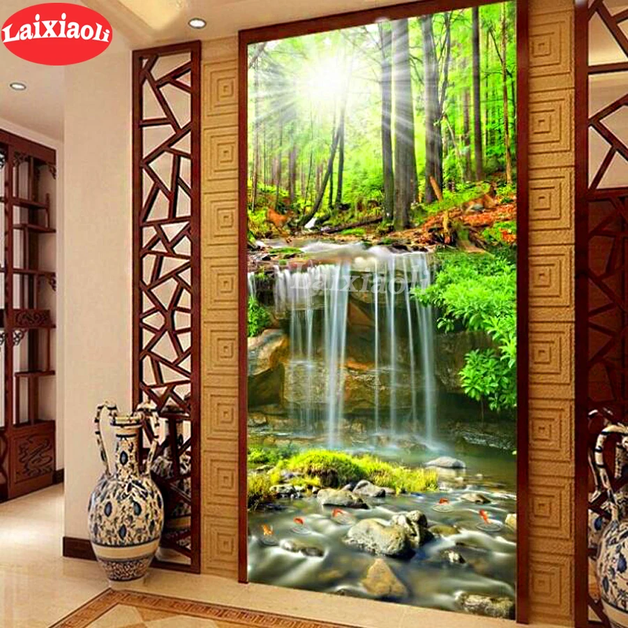 3d round square diamond embroidery waterfall koi fish pattern Diy full painting greet tree sunrise stitch cross mosaic | Дом и сад