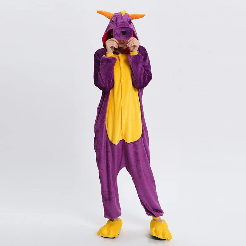 Kigurumi Uincorn, Мужская зимняя фланелевая одежда для сна, Пикачу, единорог, Пижама для взрослых, Мультяшные животные, Комбинезоны для женщин, пижама для пар - Цвет: Purple dinosa