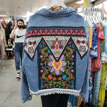 

Heavy Industries Embroidered Bohemia Retro Jean Jacket Womens Holiday Loose Jeans Overcoat Spring Autumn Denim Coat Outwear Girl