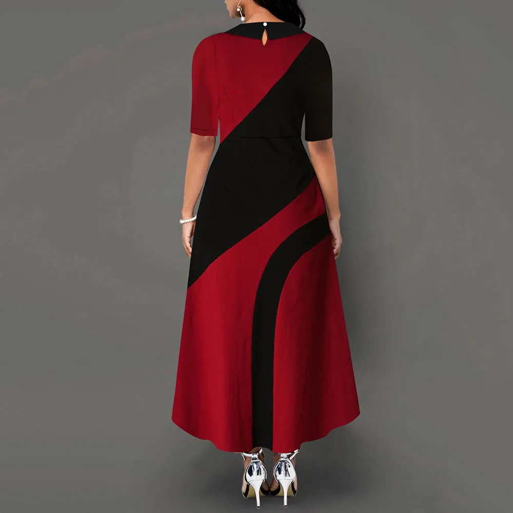 Goede Een Lijn Kleur Blok Kantoor Jurk Elegante Vrouwen Peter Pan Kraag Half Mouw Afrikaanse Dames Werkkleding Lange Maxi Jurk vrouwelijke Herfst