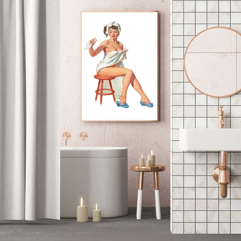 Retro Pin Up Girls Art Painting Poster Bathroom Wall Art Decor