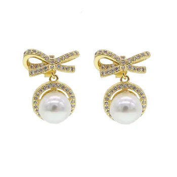 

cute lovely bow stud girl women trendy jewelry micro pave 5A cz fresh sea pearl beads dangle drop earring