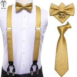 Hi-Tie 4PC Silk Woven Men's Suspender Bowtie Neck Tie Hankerchief Cufflinks Set 6 Clips Men Braces Vintage Gold Blue Red Luxury
