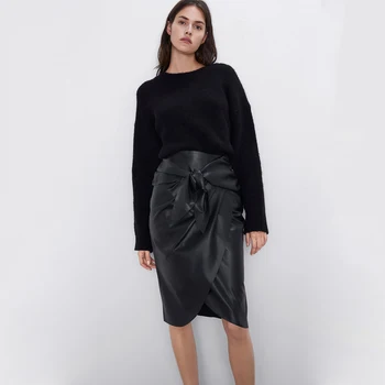 

2019 Sexy Fashion ZA Leather Bow Skirt Women New Casual Elegant Solid Black Skirt Autumn Winter Party Friends Gifts Wholesale