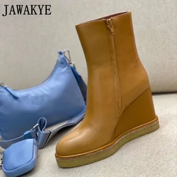 

High Heel Platform Wedge Boots ladies height increasing winter leather boots ankle boots short Martin botas autumn shoes