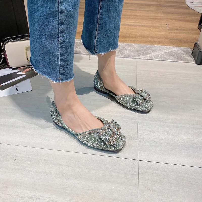 

brand designer Rhinestone Flats Women Ballet Shoes Summer Square Toe Woman Loafers Slip on lazy shoes Flats Zapatos Mujer