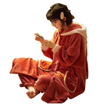 

New Winter Pyjamas Women Thick Warm Flannel Pajamas Set Cute Cartoon Hooded Pijamas Robe+Pants Two Piece Set