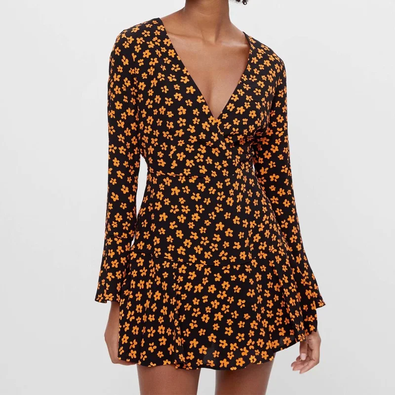 Женское винтажное мини-платье с поясом и V-образным вырезом | Женская одежда