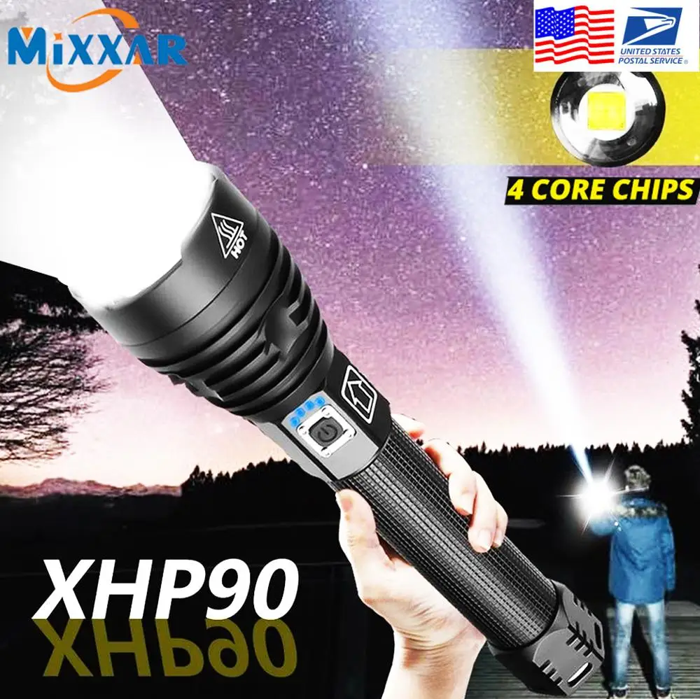 EZK20 Dropshipping XHP90 LED Flashlight Rechargeable Power Indicator Portable Waterproof 18650 26650 Zoomable Torch|LED Flashlights| - AliExpress