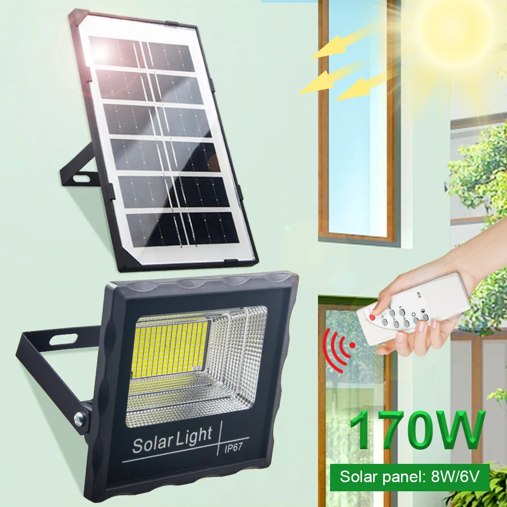 170W Solar Panel Security Flood Wall Lamp Waterproof Outdoor Garden Spot Light with Remote For Lawn Lighting солнечная панель