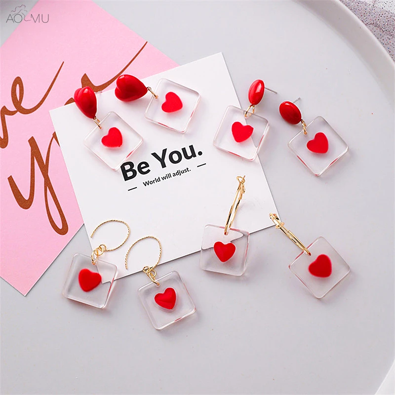 

AOMU Korean Sweet Acrylic Geometric Love Square Candy Color Transparent Heart Shape Drop Earrings for Women Gifts Party Jewelry
