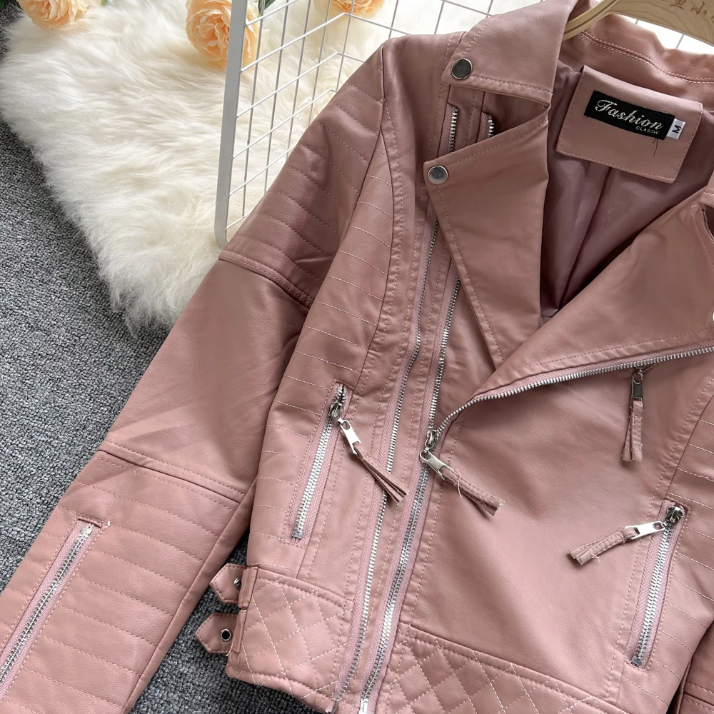 Women Faux Leather Jacket Autumn New Ladies Notched Collar Zipper Slim Black Pink Pu Leather Jacket Fashion Motorcycle Jacket black down jacket