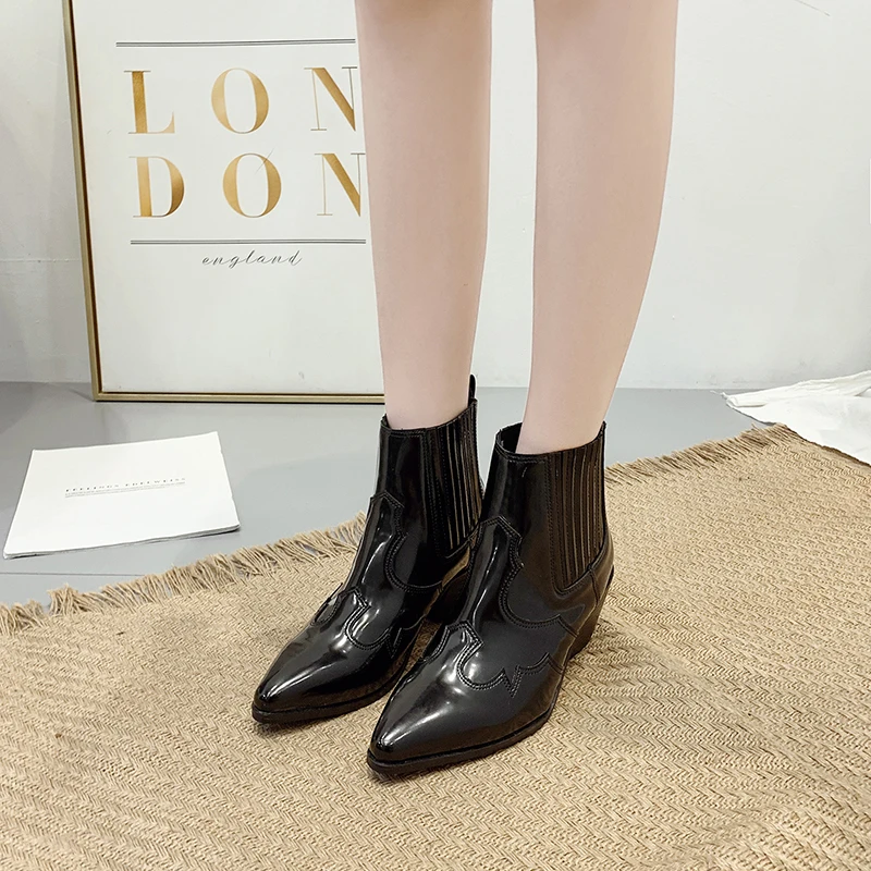 

Chelsea Boots Woman Square Heels Shoes Patent Leather Pointed Toe Ankle Winter Warm Patchwork Short Boots Black Zapatos De Mujer