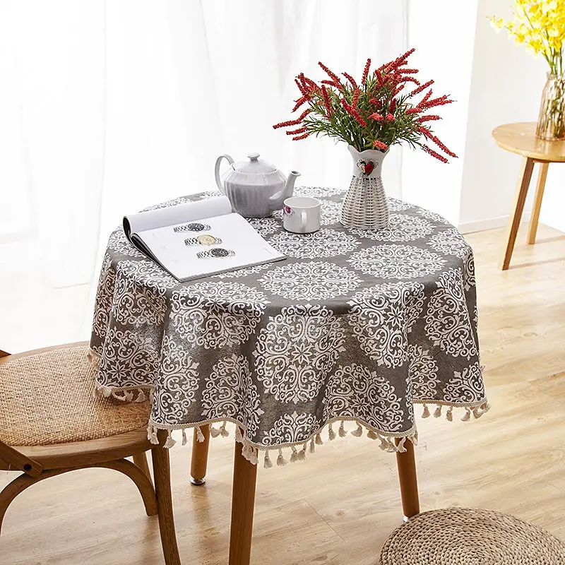 with fringed lace Утолщенная полиэфирная хлопковая круглая скатерть с модным принтом, покрытая бахромой скатерть на стол, скатерть для дома - Цвет: with fringed lace