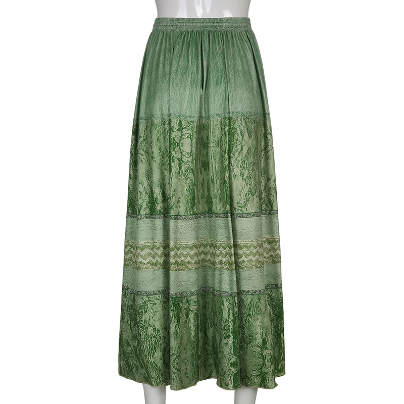 Mojoyce Vintage Green Grunge Fairycore Pleated Long Skirt Female Fashi