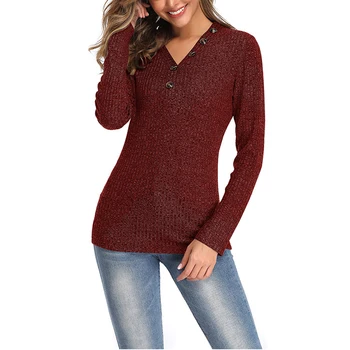 

Sexy V-neck Button Women Sweater Autumn Fashion Long-sleeve Knitted Sweaters Solid Color Casual Elegant Bottoming Pullover Tops