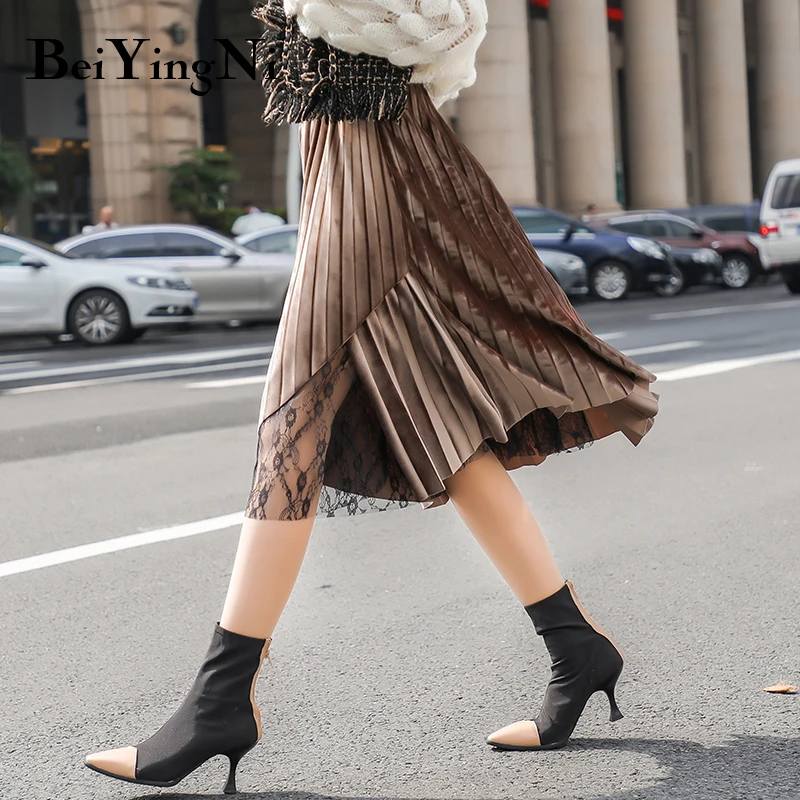 Beiyingni Pleuche женская плиссированная юбка кружевной пэчворк с высокой талией винтажные юбки Харадзюку Женские однотонные до колена элегантные Rokken