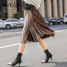Beiyingni Pleuche женская плиссированная юбка кружевной пэчворк с высокой талией винтажные юбки Харадзюку Женские однотонные до колена элегантные Rokken