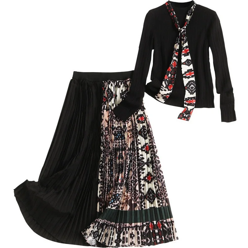 

2019 Fashion New Women's Autumn Winter Suit Long Sleeve Knit Top and Pleated Skirt Two Piece Set Casual Sexy Outfits