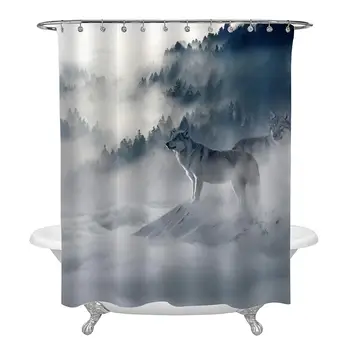 

Shower Curtain, Wolves in The Foggy Forest Grey Wildlife Nature Landscape Artwork for Winter Grey Curtain Polyester Water Fabric