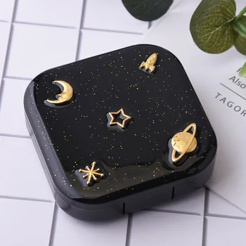 

Mini Contact Lens Container Box Moon Star Space Pattern Square Travel Case with Mirror Beauty Tools Travel Kit 6.8X6.8X1.9cm EK