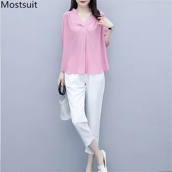 

2020 Summer Pink Cotton Linen Two Piece Sets Outfits Women V-neck Shirt + White Pants Suits Casual Fashion Korean Female Sets