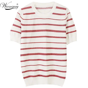 

Women Stripes T-shirt Knitted Cotton 2020 Korean High quality fabric summer round neck new simple Slim Short Sleeve Tops BY-001