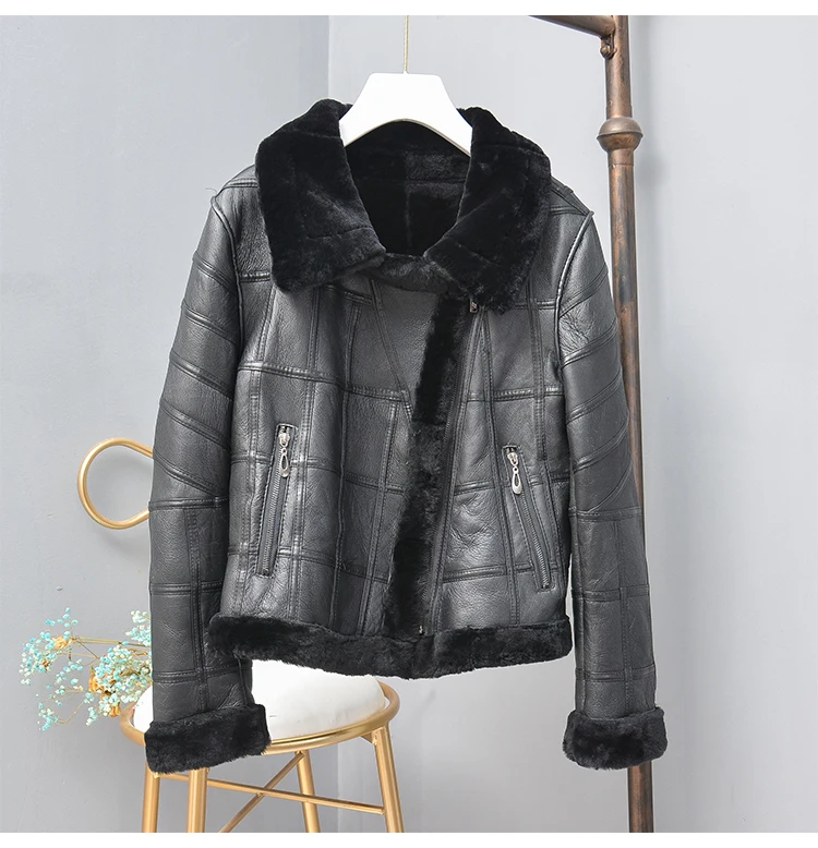 Abrigo mujer natural real sheep fur coat women clothes moto& Biker genuine leather jacket Double-faced Fur sheepskin coat