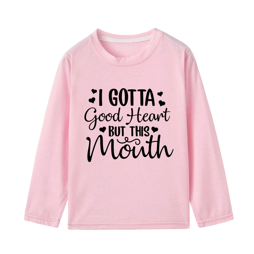 Новые весенние футболки для мальчиков и девочек с надписью «I Goth Good Heart But This Mint» Детские футболки для мальчиков и девочек, футболки с длинными рукавами Топы для детей, одежда - Цвет: 43E8-KLTPK-