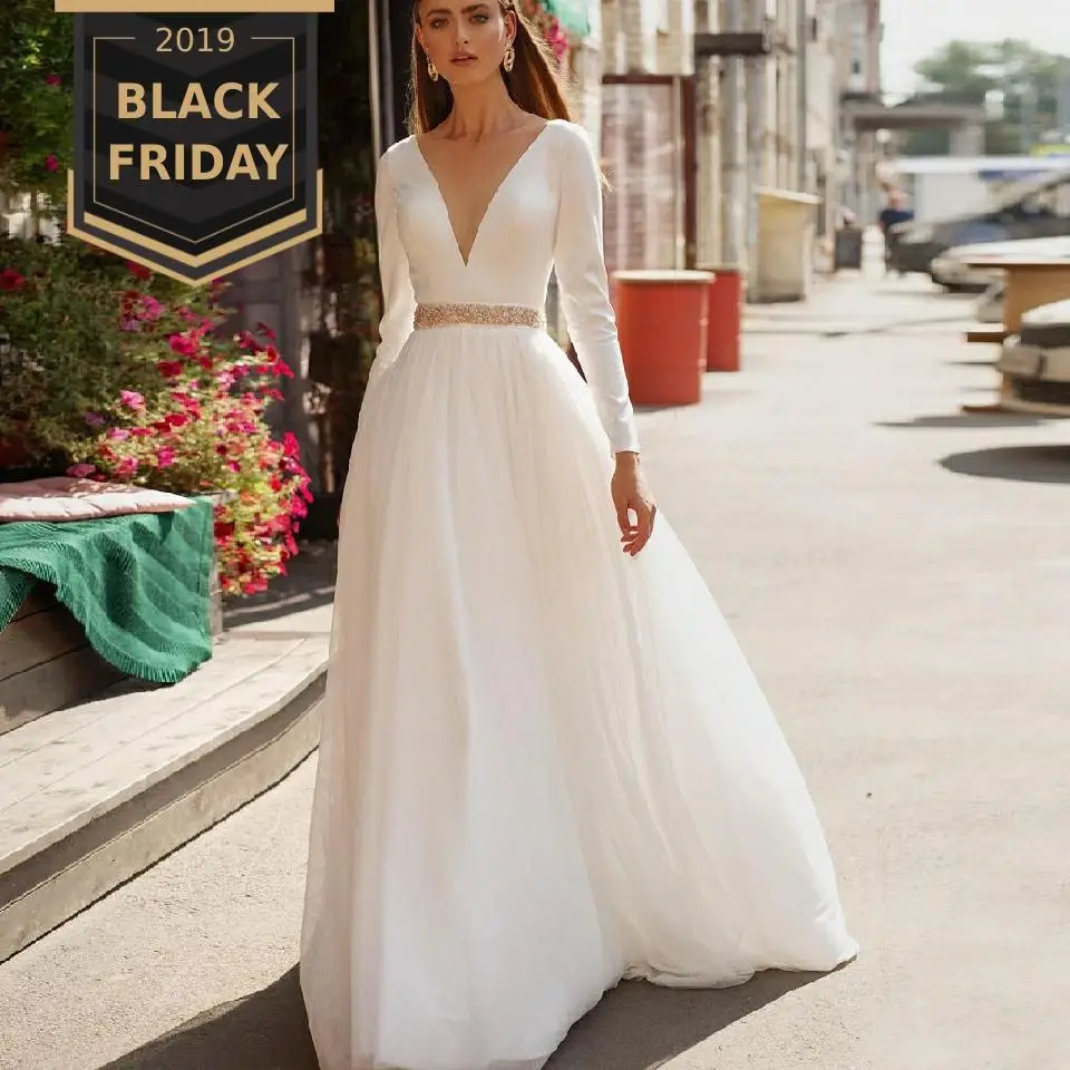 Hochzeit свадебное платье принцессы атласное с длинным рукавом сексуальное свадебное платье женские свадебные халаты с поясом Vestidos Novia