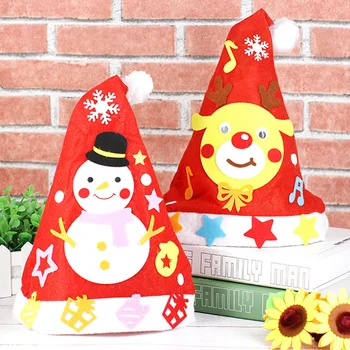 

10 Pcs Kids Handmade Diy Christmas Hat Non-Woven Santa Snowman Christmas Party Cosplay Hat Gifts Children New Year Xmas Gift