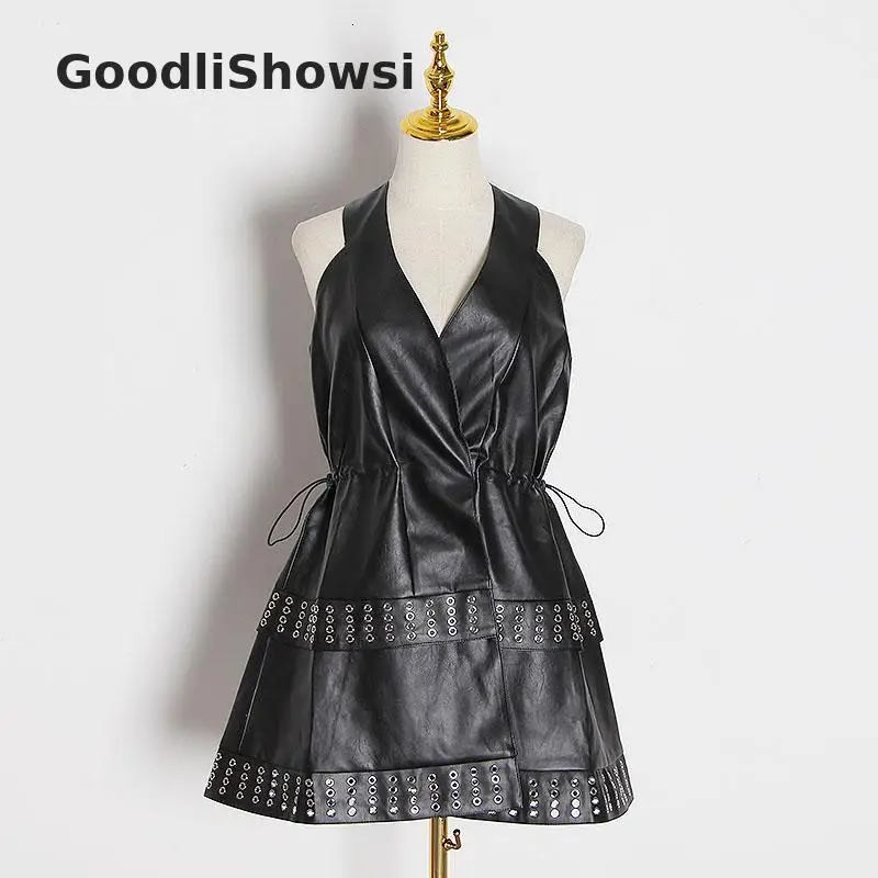 GoodliShowsi,, уличное женское байкерское кожаное платье с люверсами, дизайнерское платье с открытыми плечами и v-образным вырезом, без рукавов, модное платье-джемпер