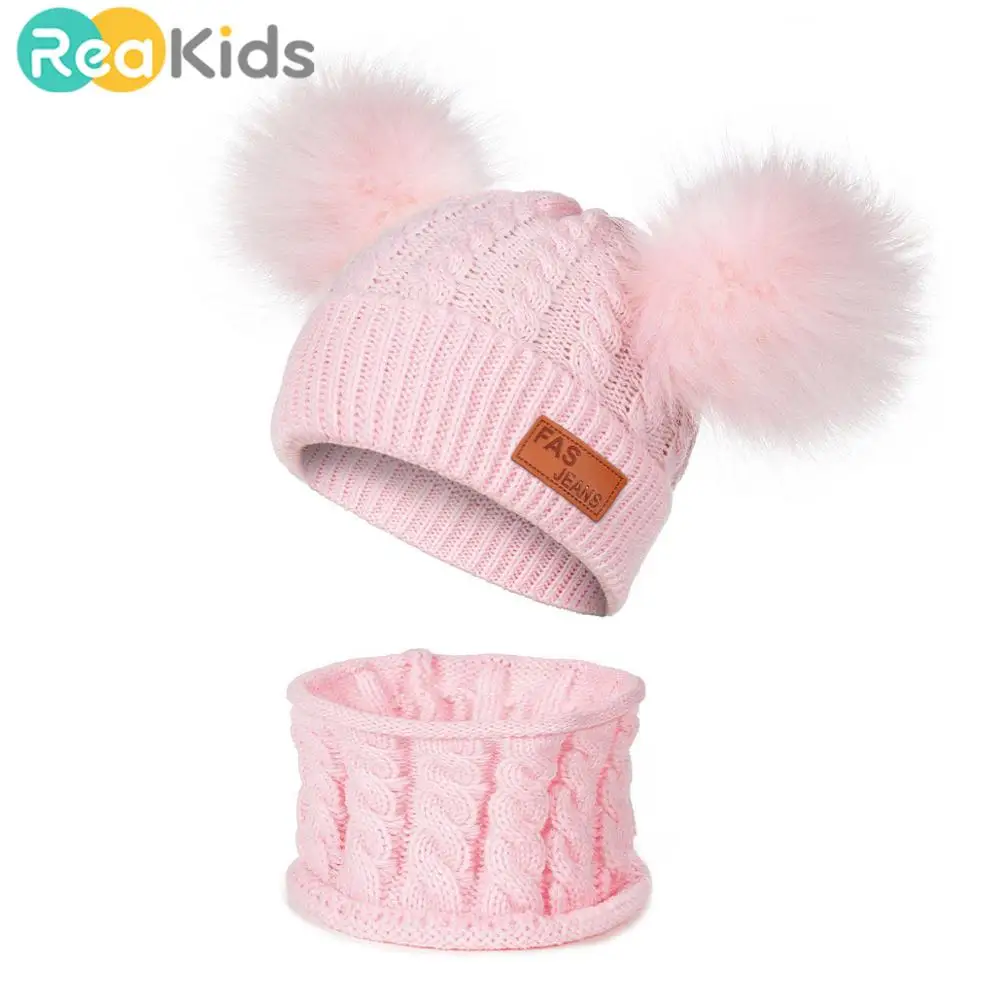 REAKIDS/Модная Симпатичная зимняя детская шапка, шарф, костюм для мальчиков и девочек, теплая хлопковая детская шапка, шарф, комплект, детская вязаная шапка, шарфы